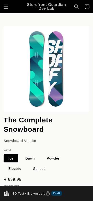 Automated candidate-run evidence showing The Complete Snowboard product page with five variants and R 699.95