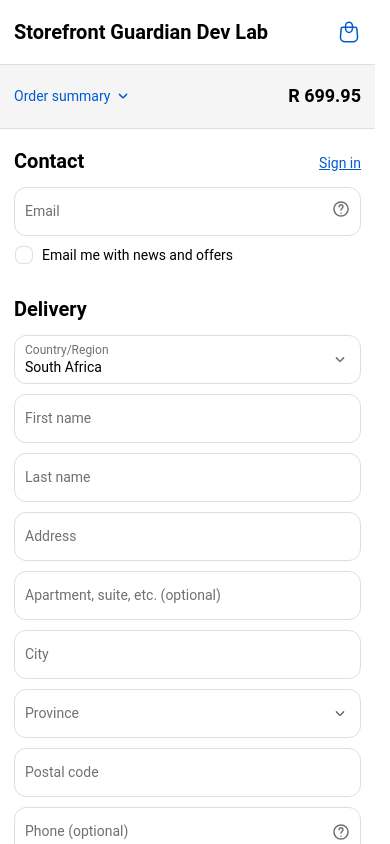 Automated live-run evidence showing Shopify checkout for The Complete Snowboard at R 699.95